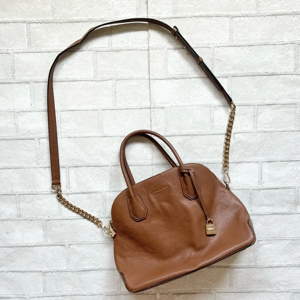 Michael Kors Mercer Medium Dome Satchel Bag Brown Leather with Shopping Bag